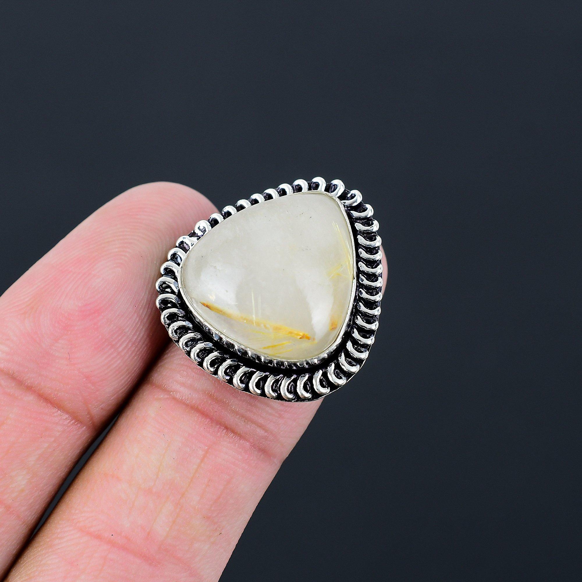 Easter Sale 925 Silver Natural Golden Rutile Solitaire Wife Ring Jewelry US 6.5 6.5