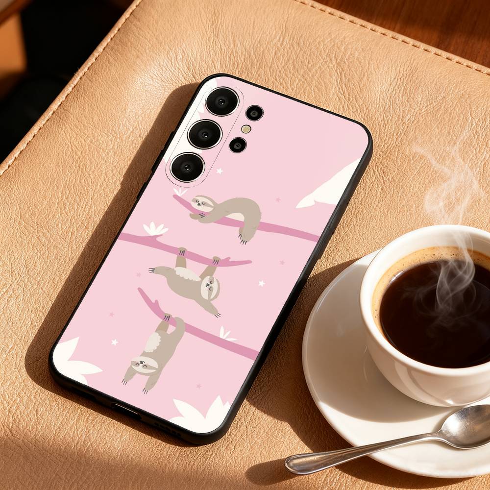 Cute Lazy Sloth Cozy Phone Case For Samsung S26,S25,24,23,22,30,21,10,9,Ultra,Plus,Lite,FE Soft Black Case