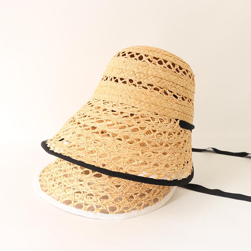 Französische Raffia-Stroh-Sonnenhüte für Damen Sommer Breiter Rand Sommerhut mit verstellbarem Kinnriemen und Öffnung hinten
