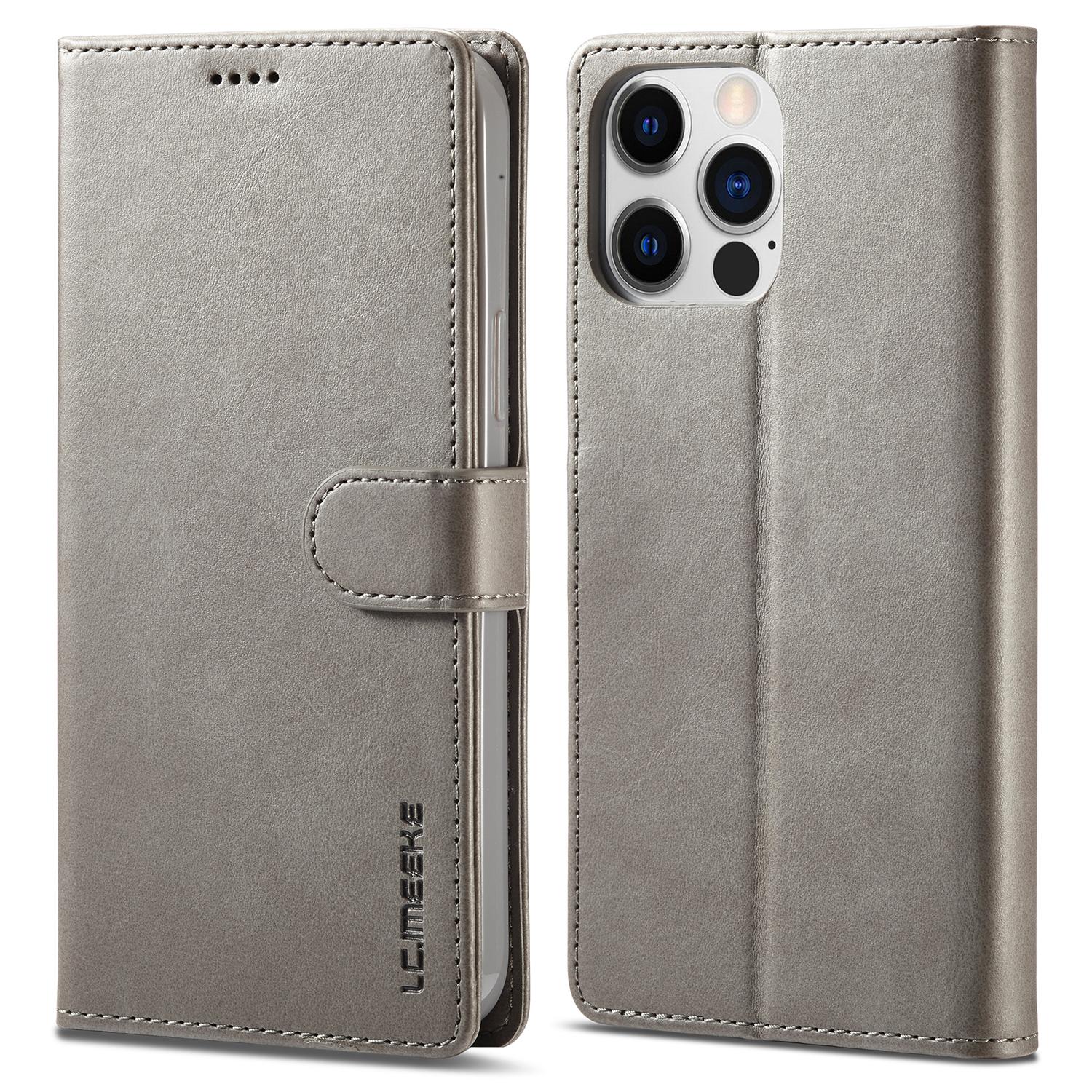 

LC.IMEEKE For iPhone 15 Pro Max Wallet Case Calf Texture Foldable Stand PU Leather Flip Cover Grey