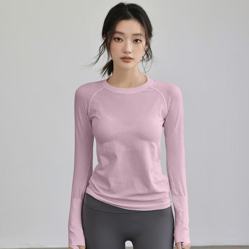 Women's Seamless Long-Sleeve Sports Top for Running & Yoga - Quick-Dry Elastic Knit Crew Neck