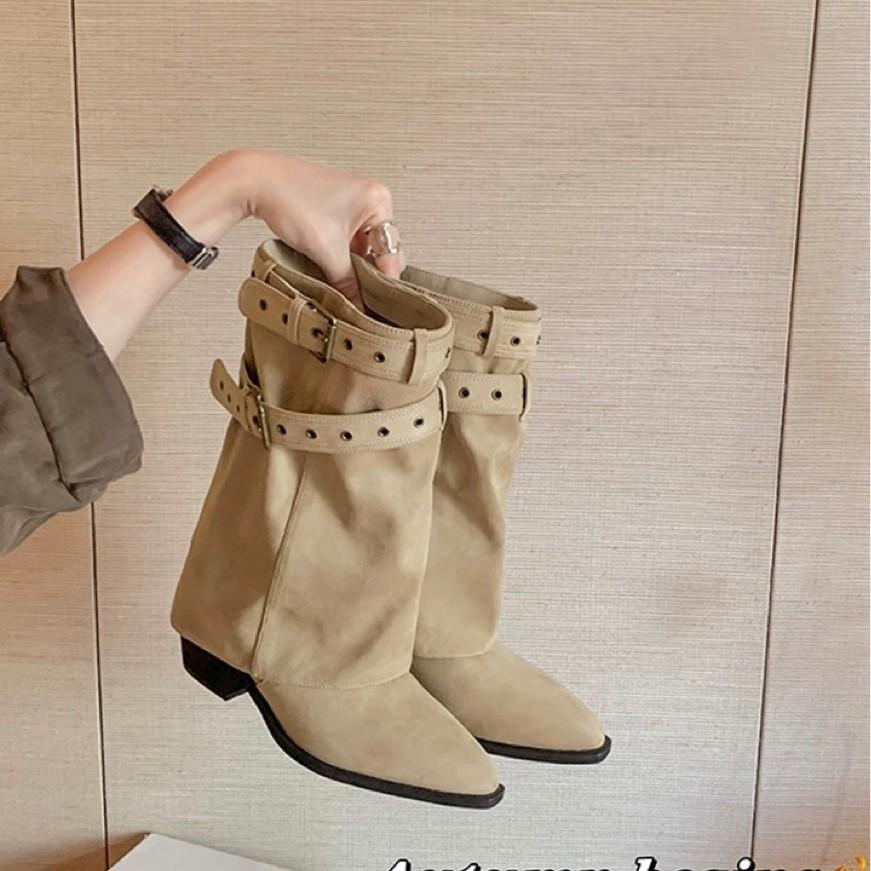 Cowhide Version~ Danish Trouser Boots Pointed Buckle 6cm Thick Heel Desert Cowboy Boots Stacked Short Boots Women's Western Boots