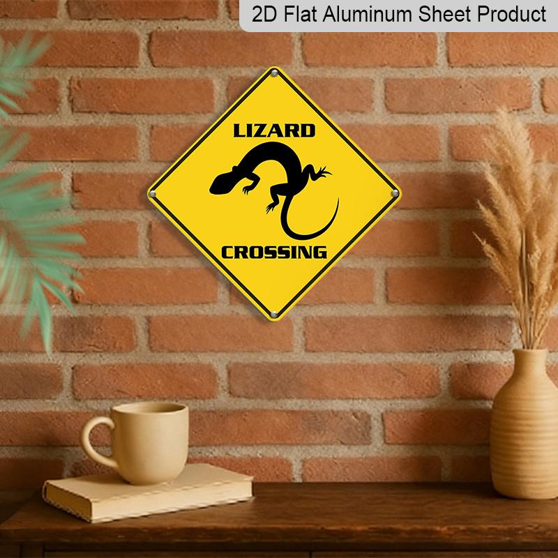 2D Flat 1pc, Lizard Crossing Warning Sign - Heavy-Duty Metal Yellow Lizard Caution Sign with Black Lizard Silhouette, Wall-Mounted for Fence, Yard