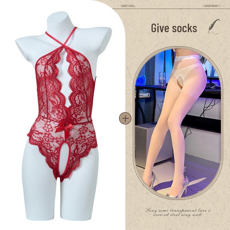 Women's Open Crotch See-Through Lace Bodysuit with Pearl Detail