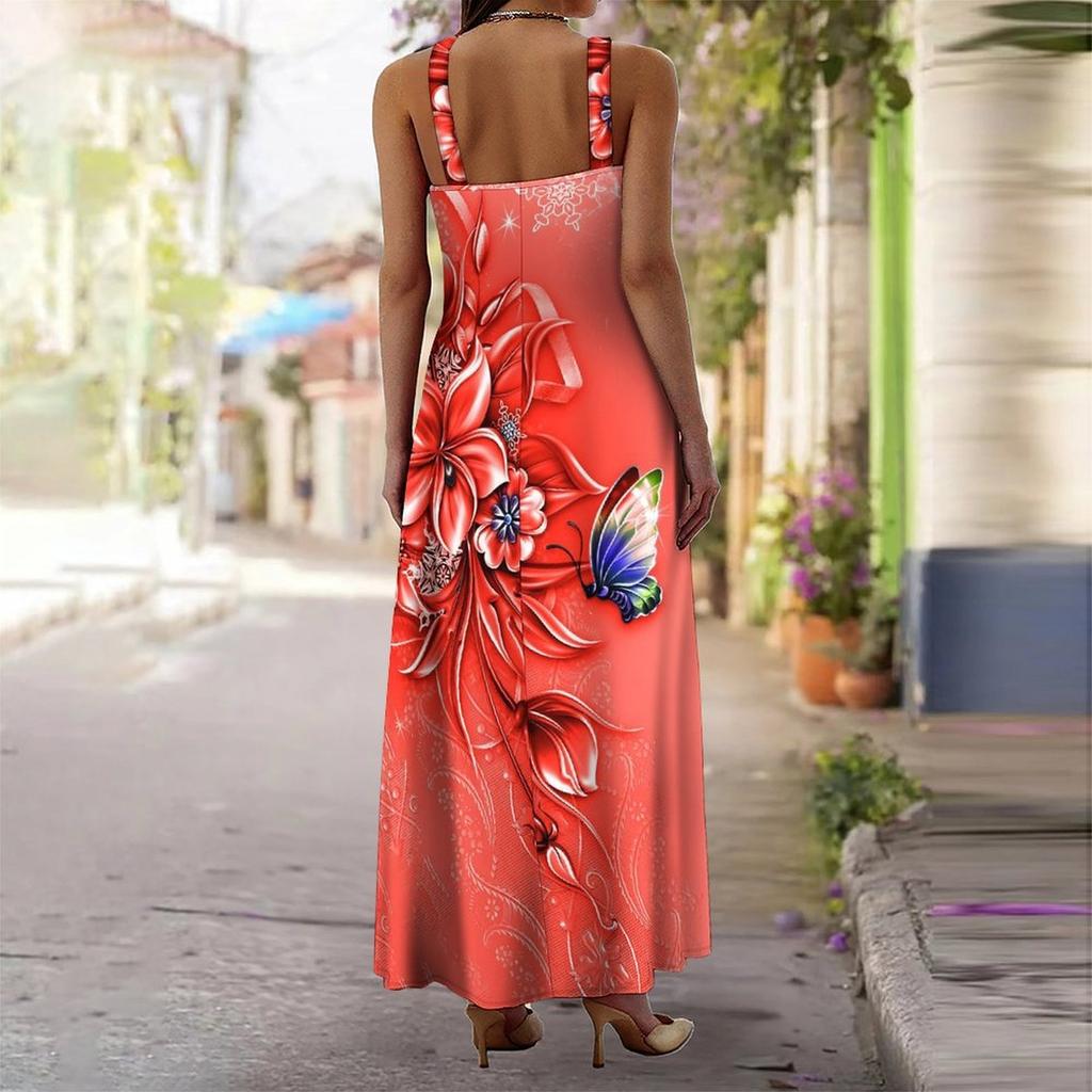 Women's Slip Dress Maxi Long Dress Butterfly Flowers Print Stitching Print Dress Spring & Summer Leisure Vacation