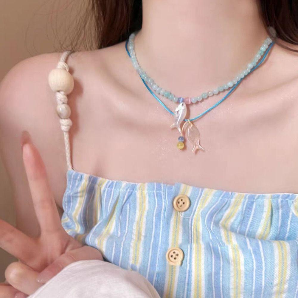 Sweet Mini Fish Necklace Colorful Ocean Style Beach Choker Vintage Beads Pendant Necklace  Summer