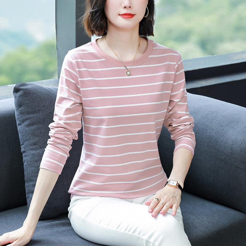 Women Plus Size Striped Long Sleeve T-Shirt O-Neck Cotton Loose Casual Fall Basic Base Top M-5XL