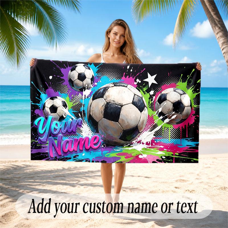 Soccer Theme Beach Towel Personalized Custom Name & Text Soft Quick Dry Beach Towel for Swimming Travel
