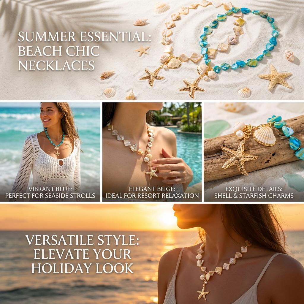 Boho Big Starfish Shell Conch Pendant Necklace for Women Creative Irregular Stone Beads Choker Summer Beach Vacation Jewelry