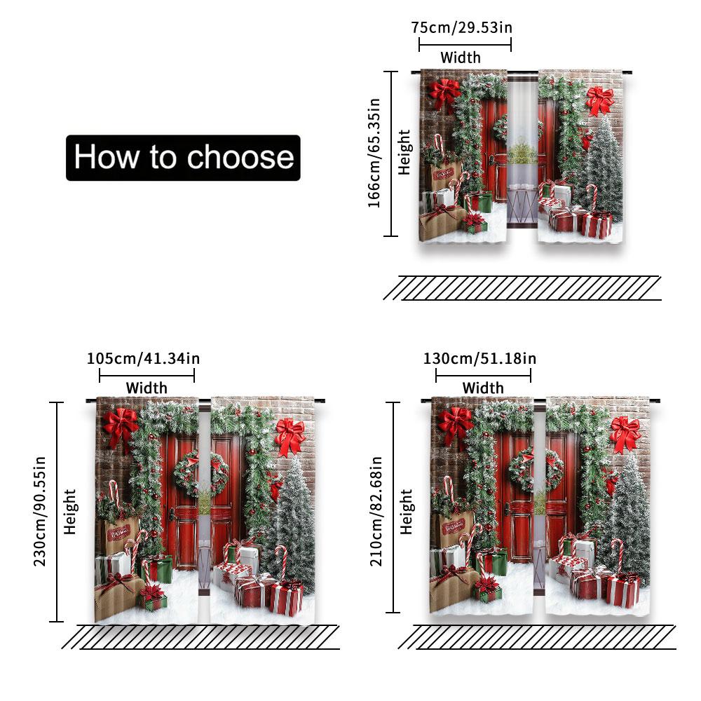 2Pcs Christmas Curtains Brick Wall Wooden Door Christmas Tree Gift Decorative Xmas Suitable For Bedroom Living Room Dining Room