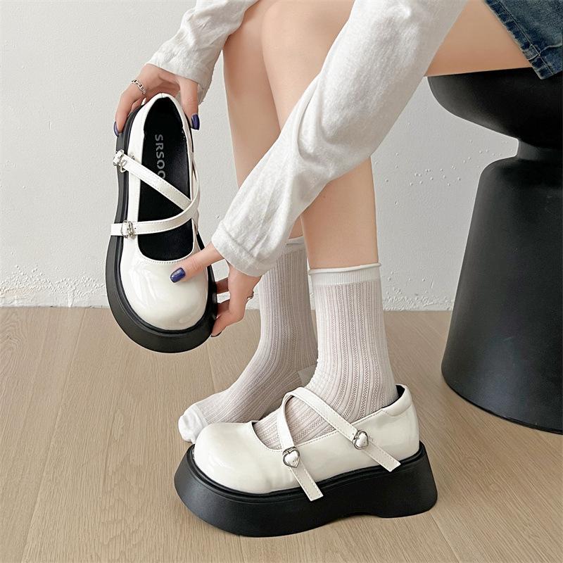 Black French versatile round head platform small leather shoes women's 2025 new summer skirt heightening Mary Jane single shoes
