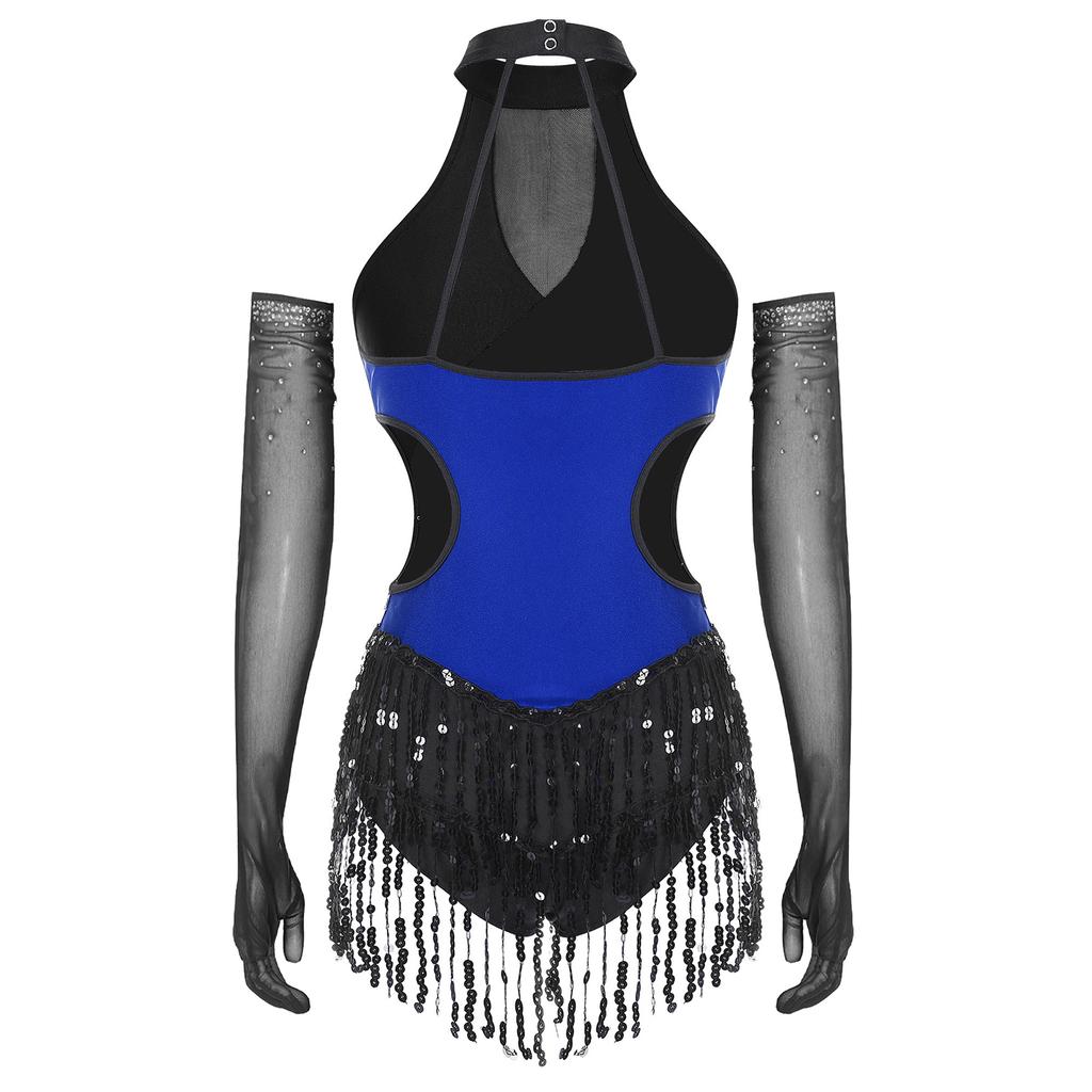 Womens Latin Figure Skating Jumpsuit Sleeveless Sequined Tassel Leotard Bodysuit Matching Mesh Gloves