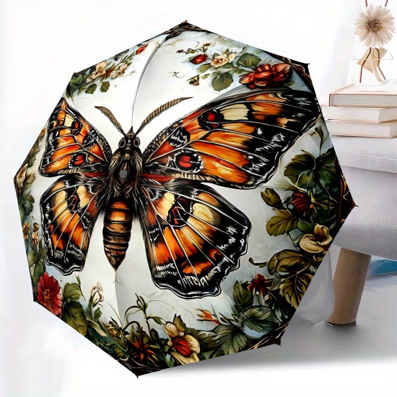 1pc Butterfly Floral Automatic Open/Close Umbrella with Windproof, Functional Design, 8-Rib Sturdy Canopy