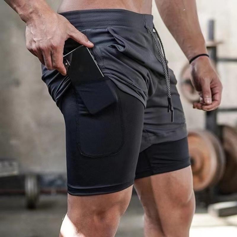 Breathable Quick-Dry Men'S Sports Shorts Double-Layer Trendy Brand Summer Quick-Dry Fitness Sports Quarter-Length Shorts