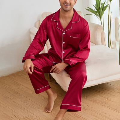 Men Sleepwear Autumn Pajama Sets Long Sleeve Tops with Trousers Pajama Pj Sets Soft and Comfortable Satin Loungewear Set