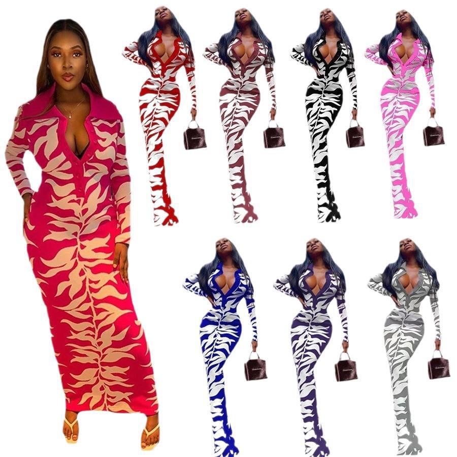 2025 Autumn/Winter Women's Bodycon Lapel Button-Down Printed Long Dress