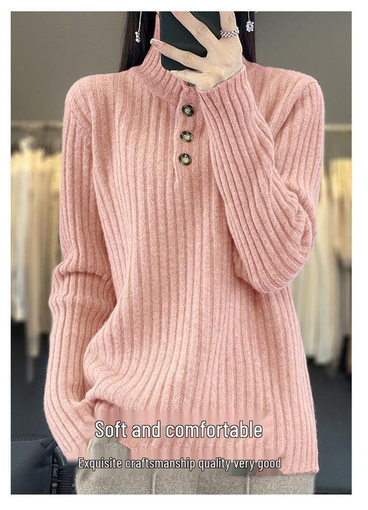 Women's Striped High Neck Wool Sweater - Half-Button, Slimming Fit, Autumn/Winter Knit Pullover