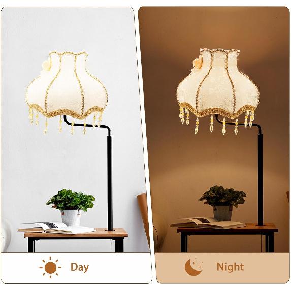 Luxshiny Vintage Lamp Shade, Victorian Lampshade with Beads Fringe Scallop Dome Lamp Cover European Cloth Lamp Covers Replacement Clip-on Lamp Shade