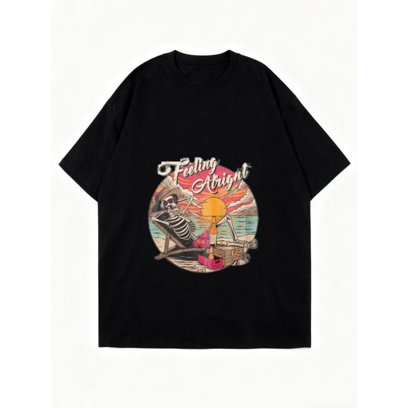 Women's Short-Sleeve T-Shirt with Retro Distressed "Feeling Alright" Beach Skeleton Print