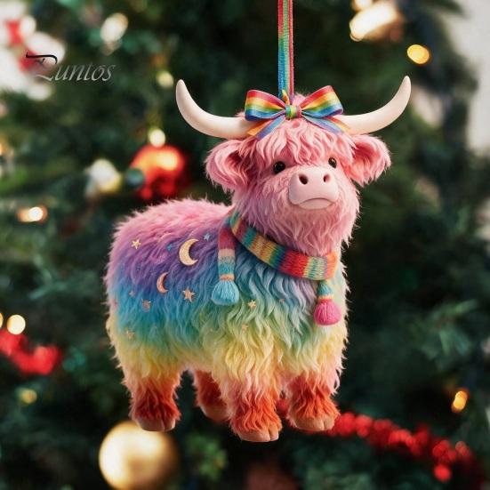 Small Holiday Party Favors Highland Yak Ornament for Christmas Tree Hanging Decor, Cute 2D Flat Unique Acrylic Gift Tags Pendant with Gold String
