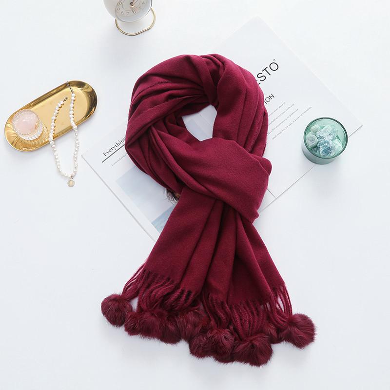 Girls Cute Imitation Cashmere Scarf Women's Winter Warm Solid Color Big Rabbit Fur Ball New Scarf Shawl