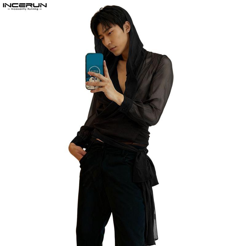 INCERUN Oversized Men V Neck Long Sleeve Bandage Transparent Loose Hooded Tops T-shirts