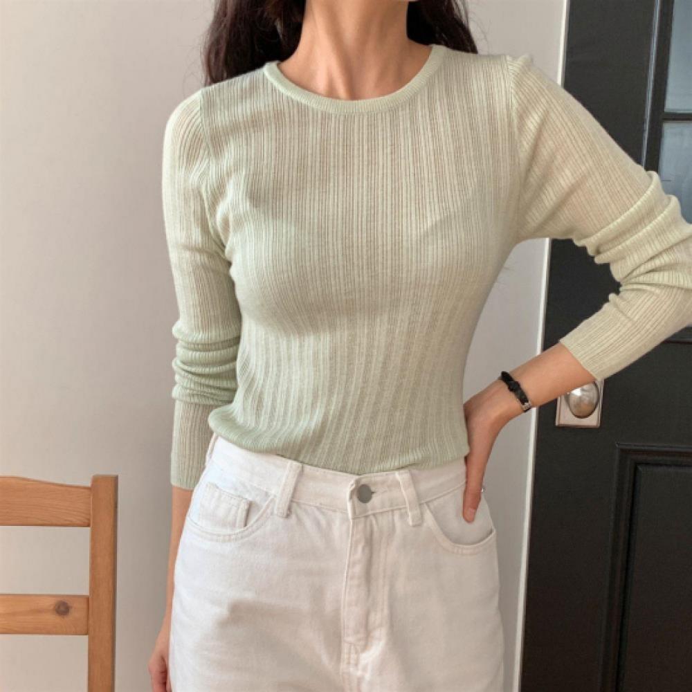 New Arrivals Open Run Women Sheer Rib Slim Long Sleeve Knit Inner