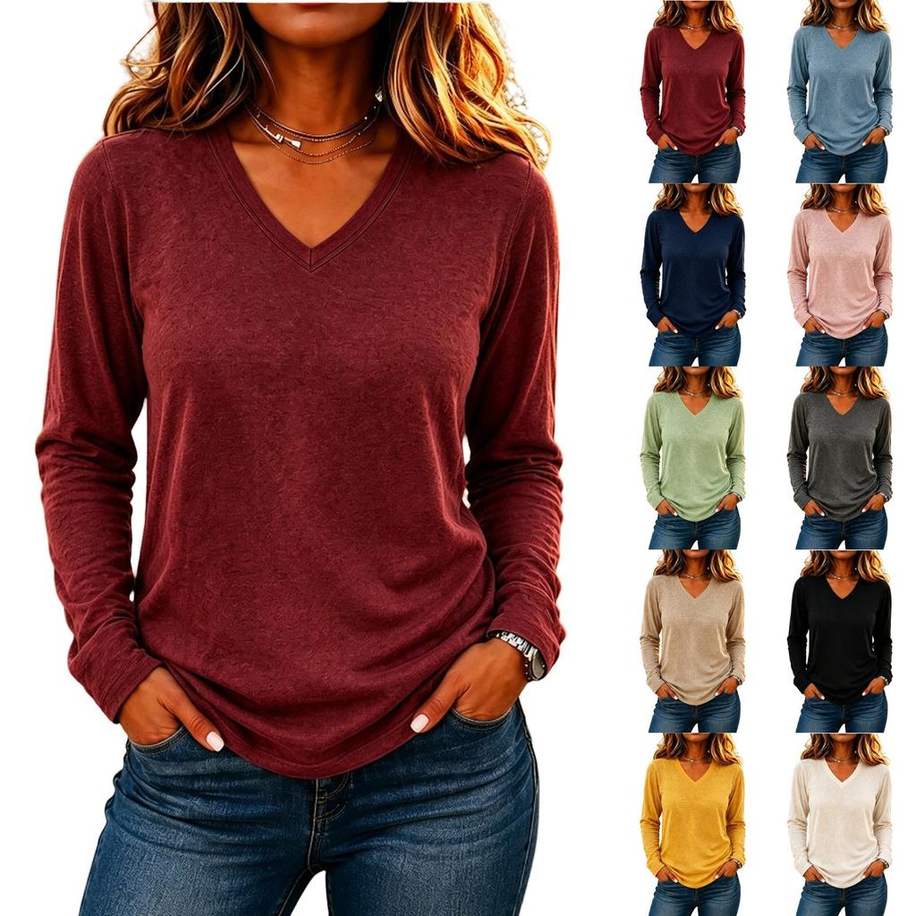 Women's V-Neck Long Sleeve T-Shirt Loose Fit Casual Color Pullover Fall