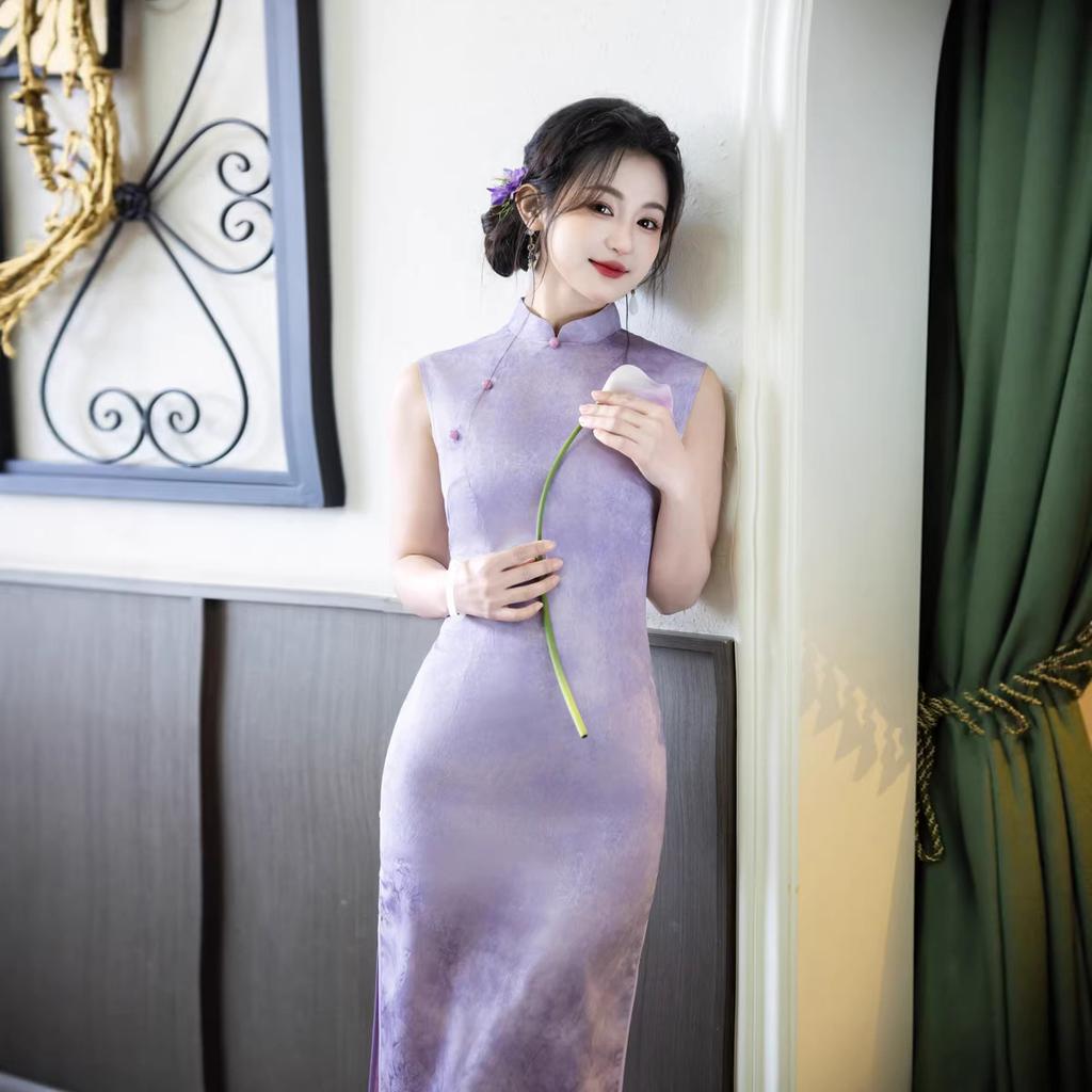 Taro purple sleeveless dark pattern jacquard improved cheongsam retro Republic of China style long gentle temperament daily dress women