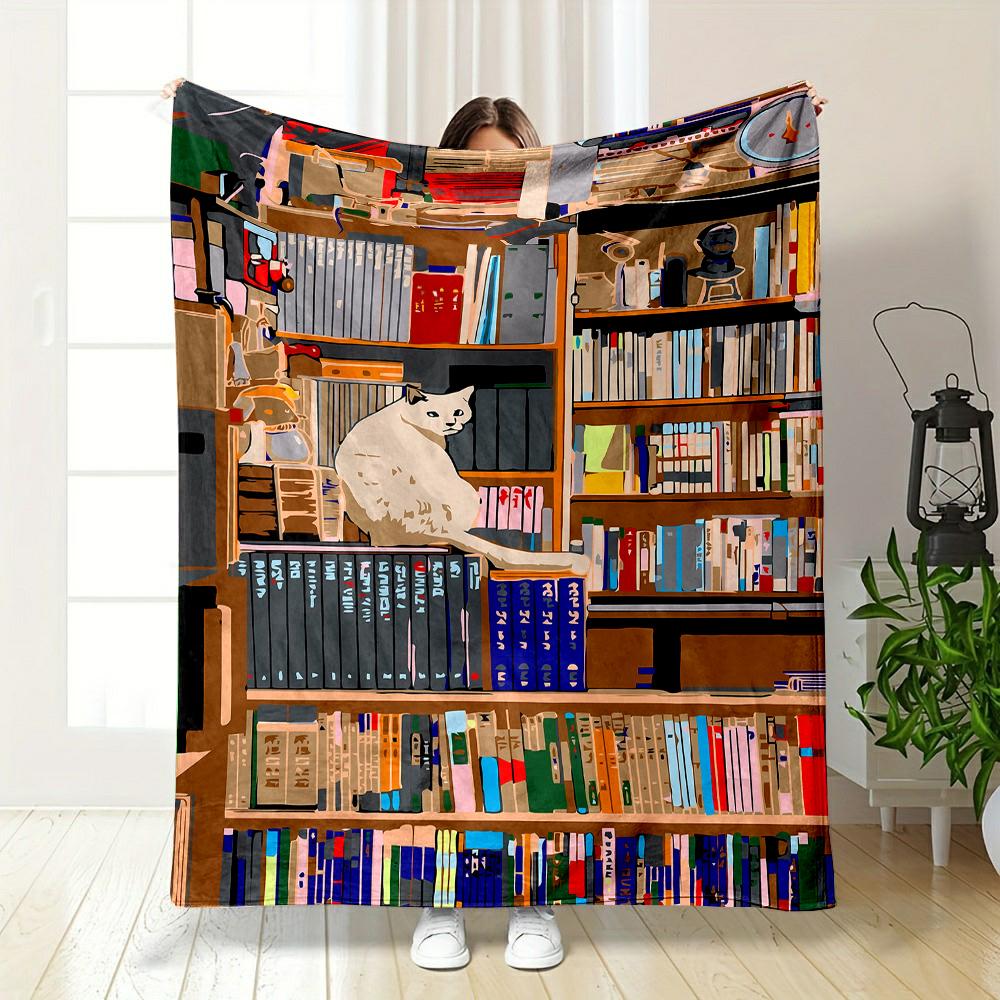 Cat and Bookshelf Colorful Illustration Patterned flannel blanket perfect for the bedroom living room, sofa, or a little nap
