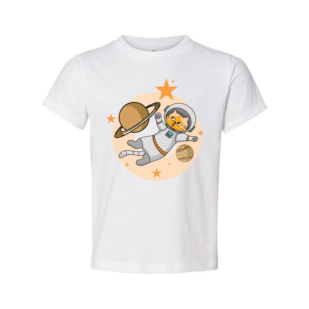 Space Cat Astronaut Floating Among Planets And Stars On Colorful Graphic Tee For