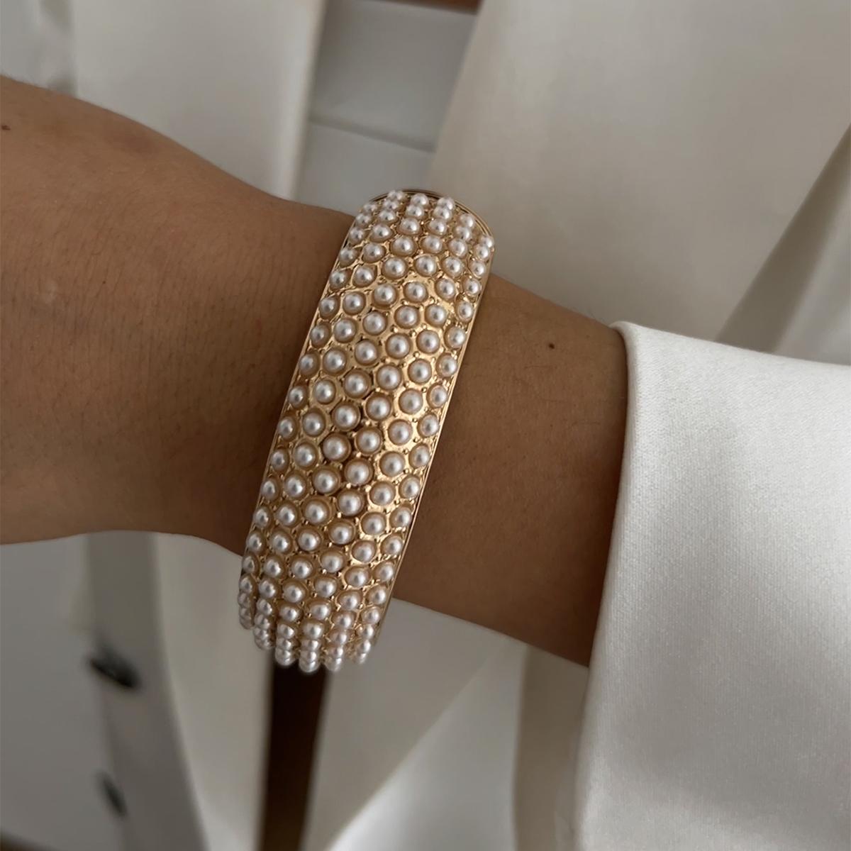 Salircon Модный Шарм Имитация Жемчуга Металл Широкие Браслеты Женские Винтажный Классический Капля Воды Весенний Браслет Панк Вечеринка Украшения