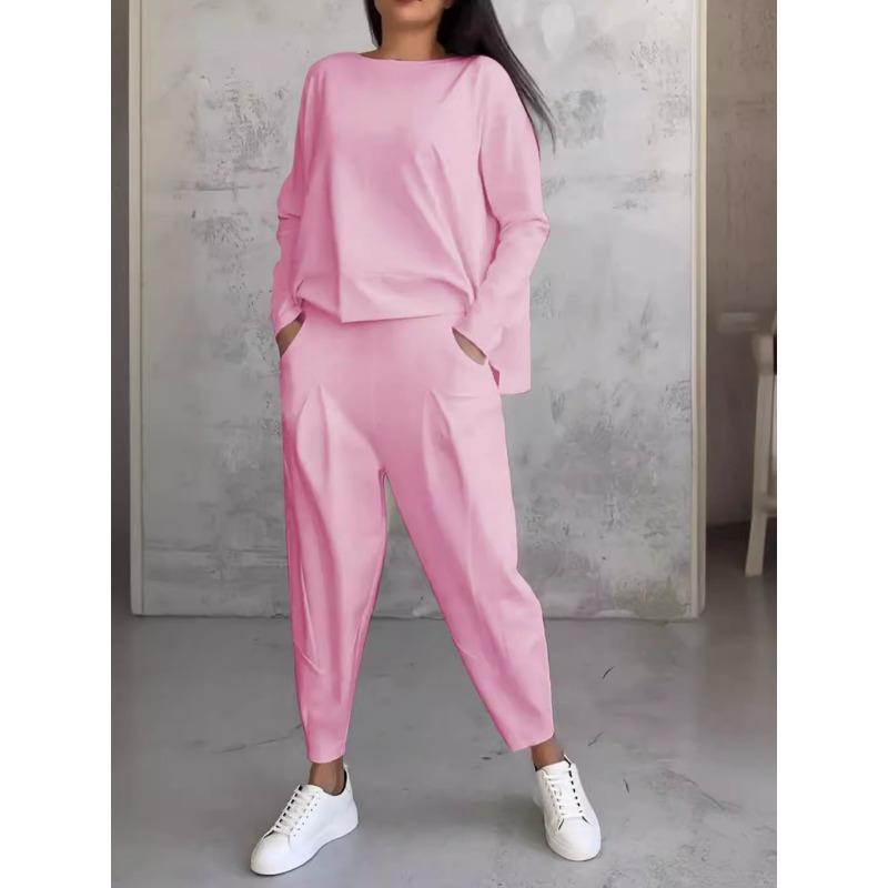 

JKASHDK Жіночий Модний Повсякденний Весняно-Осінній Однотонний Принт Довгий Рукав Круглий Виріз Штани Комплекти XXXL рожевий