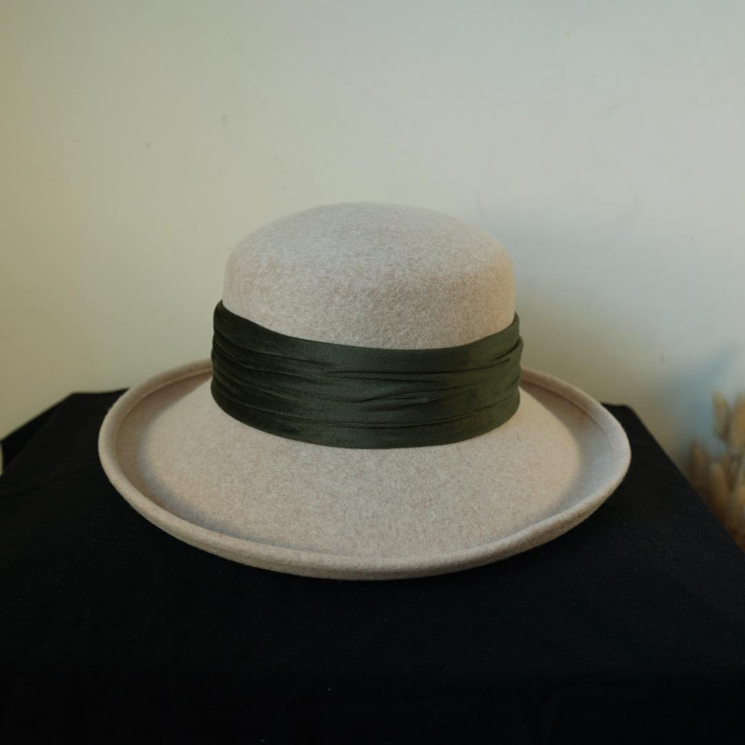 Японский Элегантный Ретро Бежевый Шерстяной Фетровый Цилиндр Женский Осенне-Зимний Британский Французский Шляпа-Клош Армейский Зеленый Фланелевый Фетр M（56-58cm）
