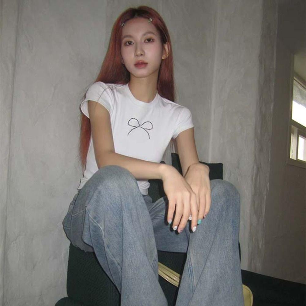 

Round Neck Pullover Short Sleeves Top Short Balletcore Rhinestone Bow T-shirt Fashion Travel XXL чёрный
