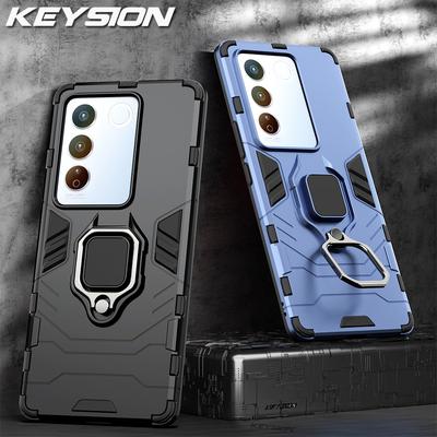 KEYSION Shockproof Armor Case for VIVO V27 5G V27e Silicone+PC Metal Ring Stand Phone Back Cover for VIVO V25 5G V25e V27 Y36 5G