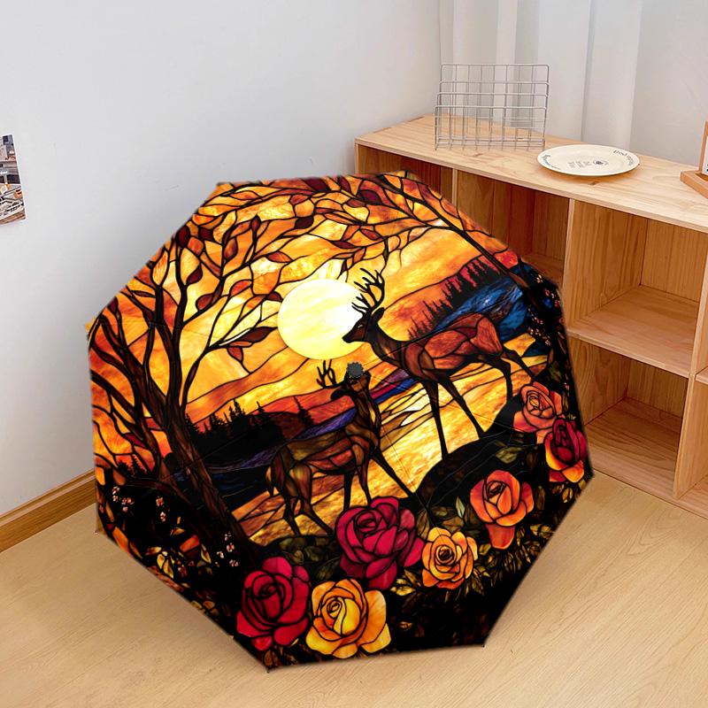 1 PC Automatic Folding Umbrella - Deer Sunset Pattern, Portable & Foldable Design with 8 Ribs, Christmas Birthday Gifts