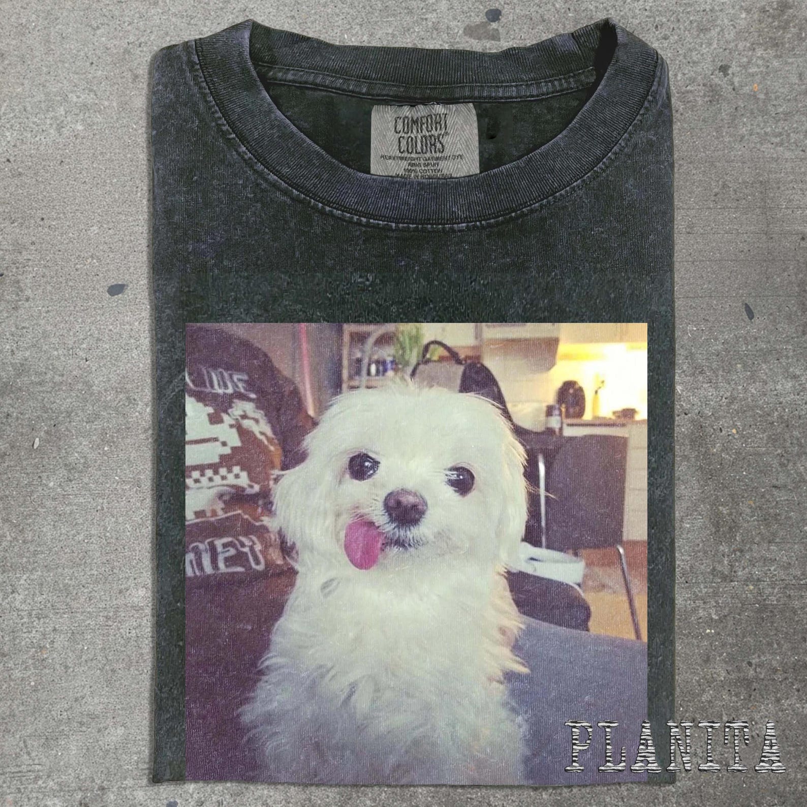 White Fluffy Dog Photo T-shirt | Cute Pet Portrait Tee L