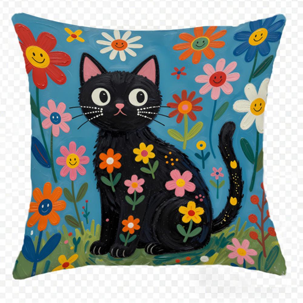 1/4Pcs Black Cat Floral Pillowcases For Cozy Decor Sofa Cushion Cover Home Bedroom Room Decoration