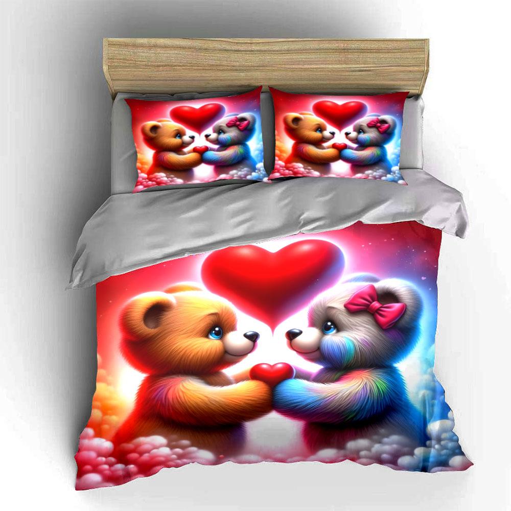 Two Teddy Bears Holding Heart Print Bedding Set 1 Duvet Cover 2 Pillowcases for Adult and Children Luxury Gift Full Size