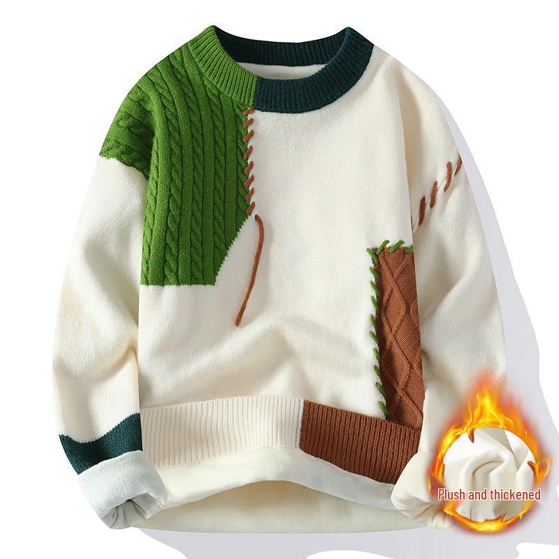 Men's Autumn/Winter Color Block Crew Neck Sweater - Trendy, Warm, Loose Knitwear, Casual Base Layer