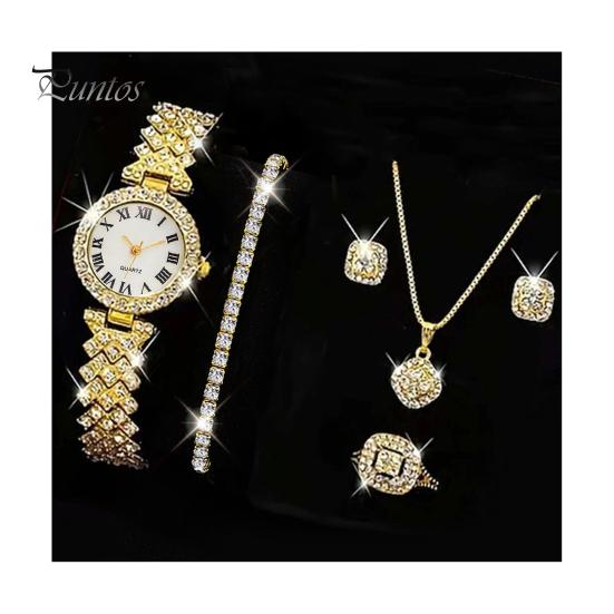 

5 шт./компл., женский роскошный комплект ювелирных изделий с блестящими стразами, круглый циферблат, кварцевые часы, очаровательное ожерелье, серьги-гвоздики, комплект колец на палец