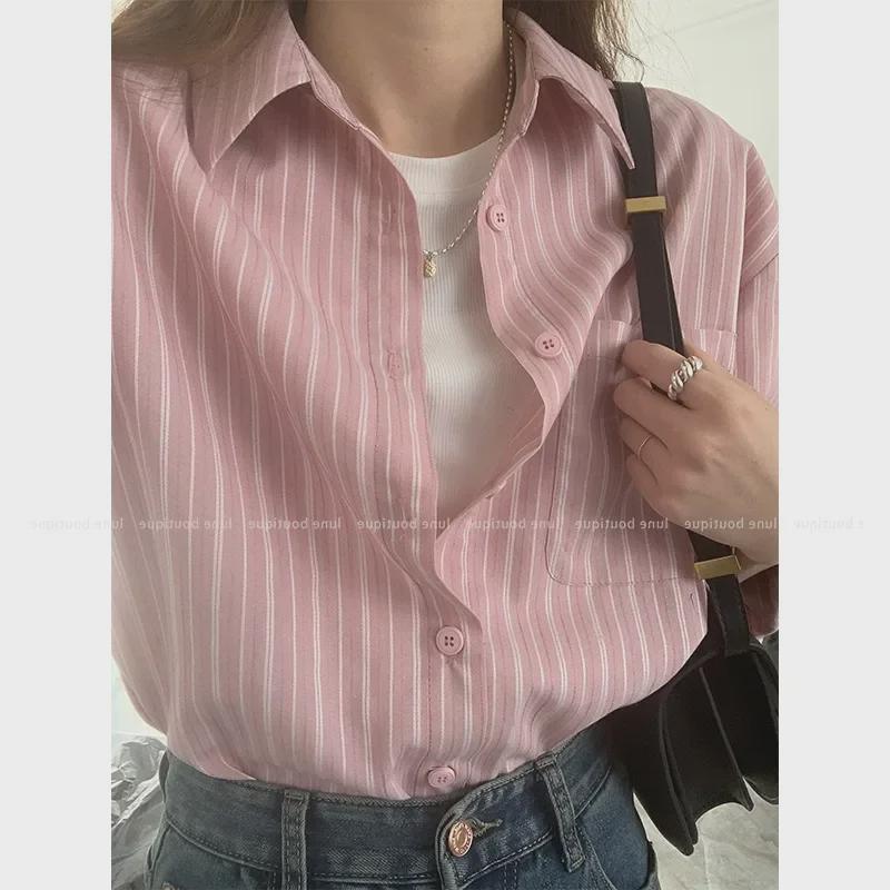 2024 French Style Blue & Pink Striped Long-Sleeve Shirt - Niche Casual Design