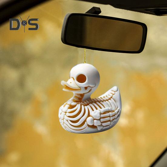 Skeleton Duck Car Mirror Hanging Ornament Cute Cat Charm Keychain Pendant Acrylic Rearview Mirror Accessories for Women Girls Halloween Decoration