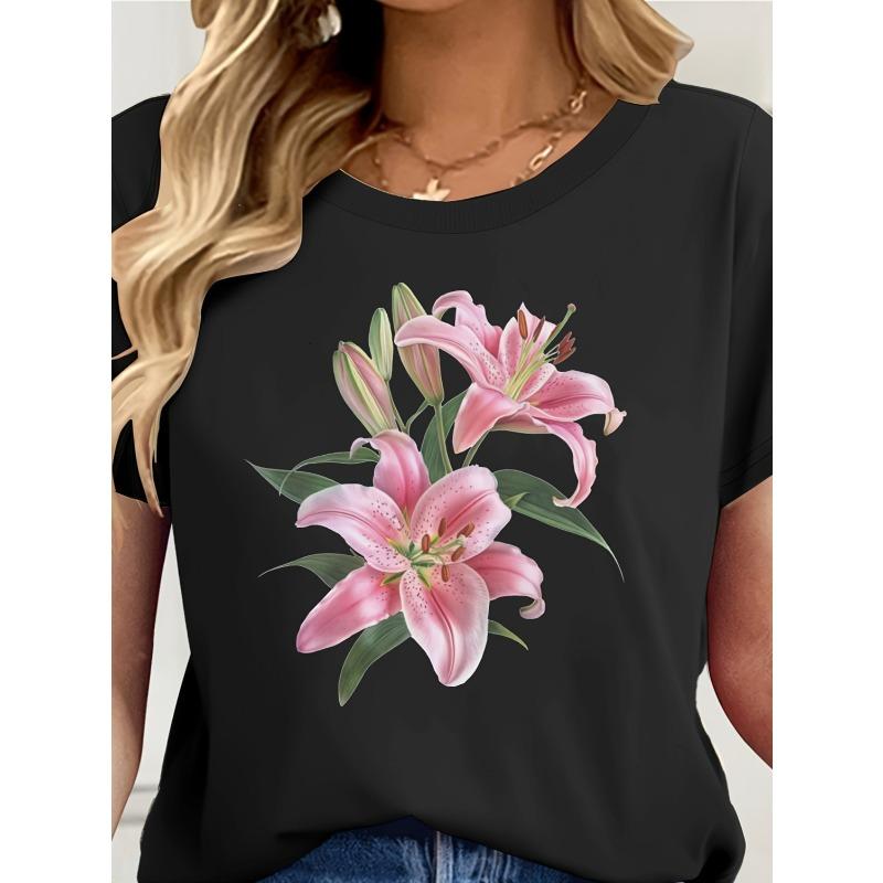 European sizes Women's T-Shirt with Elegant Floral Print - Black Casual Short Sleeve Top Featuring Pink Lilies & Green Leaves