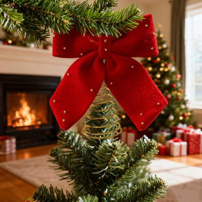 Yousheng Velvet Christmas Tree Topper Bow Red Plush Bow with Metal Frame Base Festive Holiday Decor for Home Party Display