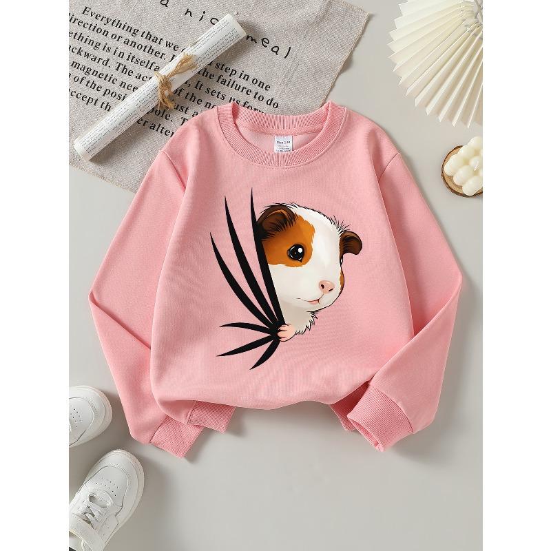 Girls' Long-Sleeve Round Neck Sweatshirt with Printed Design, Cute Guinea Pig Print Suitable for Spring And Autumn, Fashionable And Casual