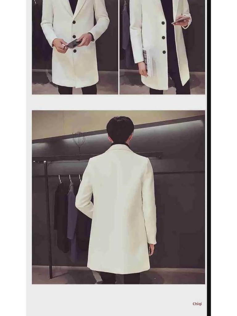 Red Woolen Men's Mid-Length Korean Style Slim Windbreaker Coat