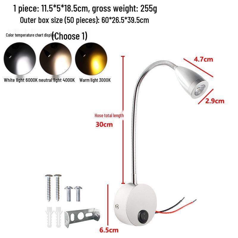 3W LED Gooseneck Reading Lamp, Wall-Mounted Bedside Spotlight
