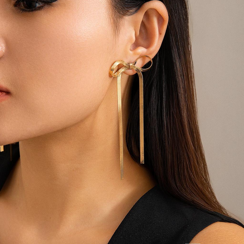 New Kpop Snake Long Tassel Bow Bowknot Drop Earrings for Women Girls 1116 Trendy Vintage Piercing Hanging Earrings Jewelry